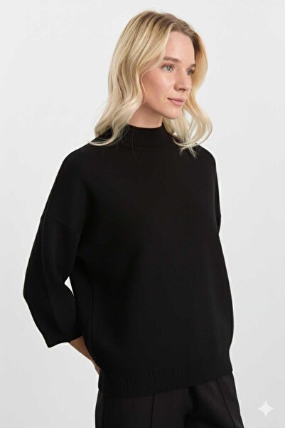 Selen Dik Yaka Truvakar Kol Triko Bluz / SİYAH