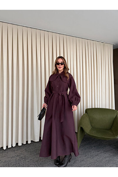 Laluvia فستان بياقة بلون البرقوق مع تفاصيل فيونكة - 2001