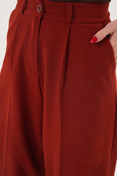 THE WOOW Women's High Waist Fabric Buttoned Pleated Palazzo Tile Pants