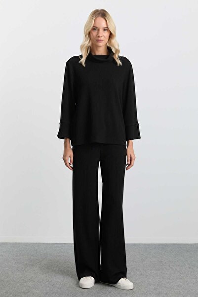 Selen Bol Paça Kendinden Fitilli Pantolon / SİYAH