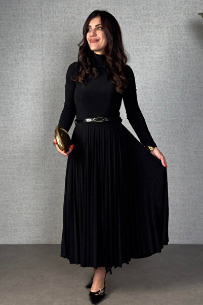 Modayakamoz Yeni Sezon Kadın Uzun Kollu Balıkçı Yaka Pileli Uzun Sandy Elbise...