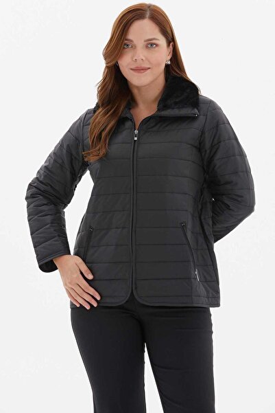 Selen Büyük Beden Yakası Kürklü Fermuarlı Kapitone Mont / SİYAH