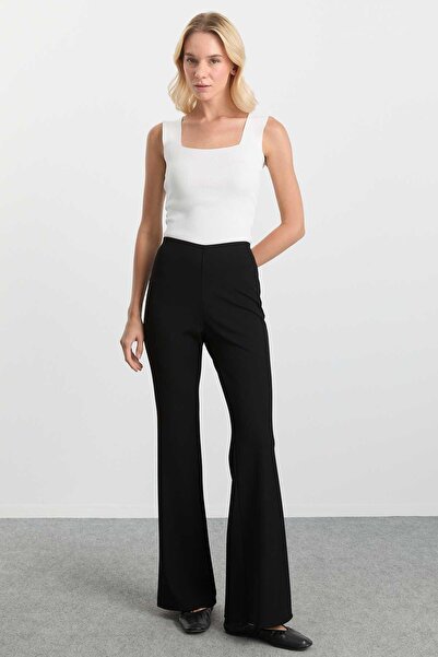 Selen Beli Lastikli İspanyol Paça Pantolon / SİYAH
