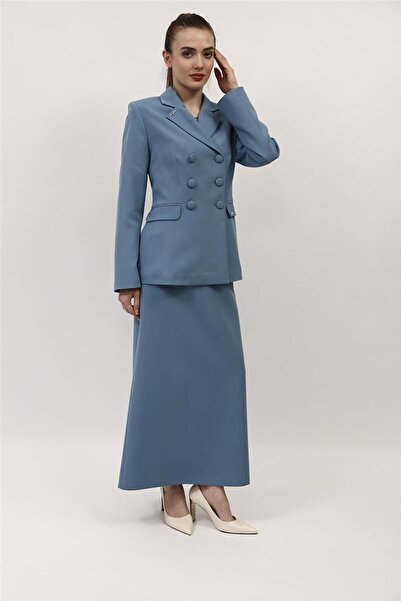 ÖNDER ÖZSOY Buttoned Classic Blazer Jacket & Long Bell Skirt with Square Pock...