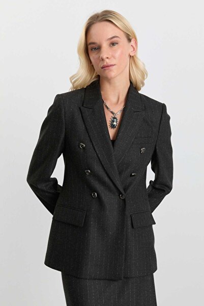 Selen Kruvaze Kendinden Çizgili Erkek Yaka Ceket / ANTRASİT