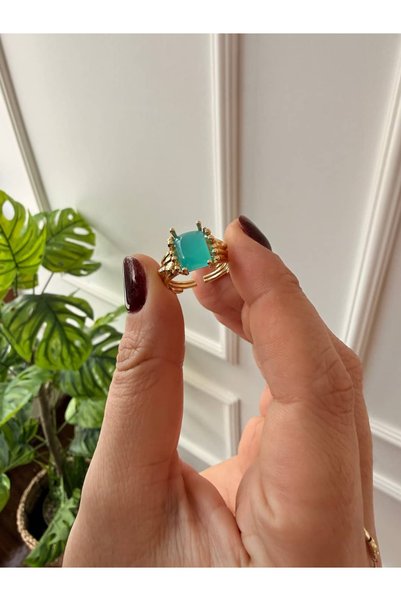 My Joyas Design 14K Altın Kaplama Turkuaz Dikdörtgen Taşlı Vintage Yüzük
