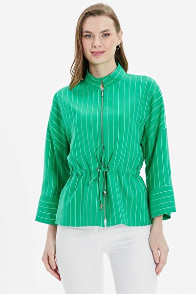 Selen Hakim Yaka Beli Büzgülü Çizgili Ceket / YEŞİL