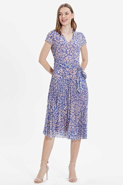 Selen Eteği Pliseli Üstü Kruvaze Leopar Desen Elbise / MAVİ