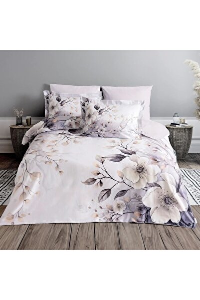 Altınbaşak Double satin bed linen 6 pieces gray with magnolias, Altinbasak Di...