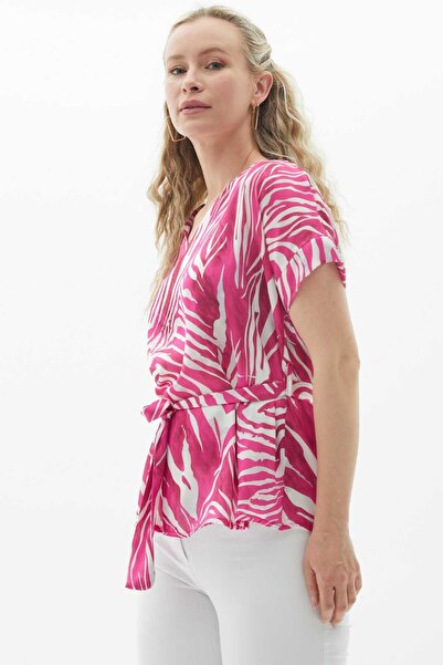 Selen V Yaka Düşük Kol Zebra Desen Bluz / FUŞYA