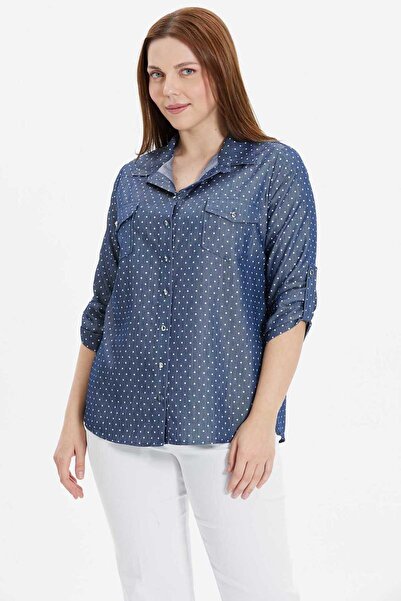 Selen Büyük Beden Kapak Cep Puantiyeli Bluz / İNDİGO