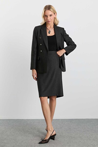 Selen Kendinden Çizgili Düz Dar Etek / ANTRASİT