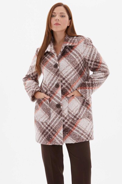 Selen Büyük Beden Yakası Kürklü Ekose Kaban / KAHVE