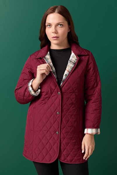 Selen Büyük Beden Klasik İçi Ekose Kapitone Uzun Mont / BORDO