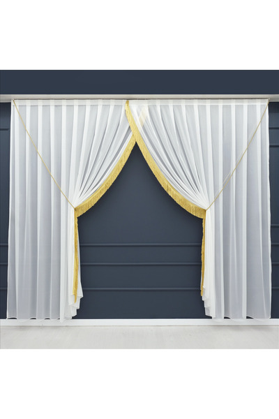 ESDEH Крувазе спортна тюлена завеса - ЗЛАТНА с ресни - БЯЛА тюлена завеса - В...