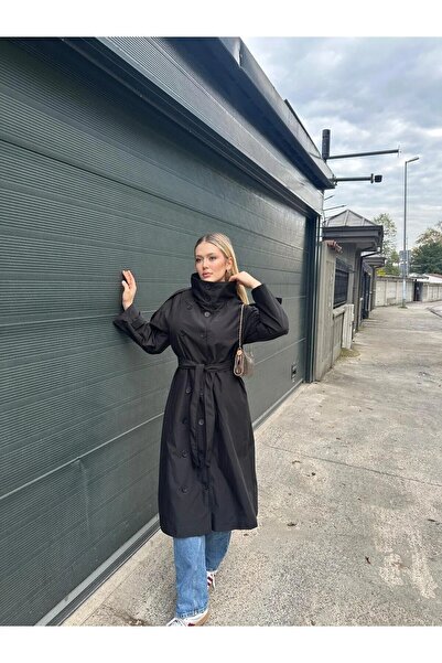 solena sln Trench negru pentru femei, cu nasturi, cu guler înalt