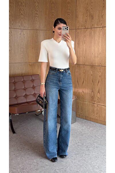 HAZELANNA جينز واسع الساق باللون الأزرق الداكن قابل للغسل