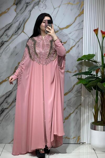 MİSS DİAMOND Elegant Stone Embroidered Powder Abaya Ferace Dress