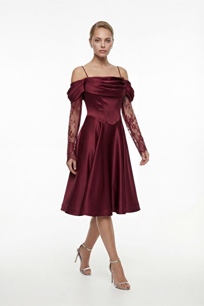 Lafaba Γυναικείο μπορντό φόρεμα με δαντέλα και λεπτομέρειες, μίντι, για αρραβ...