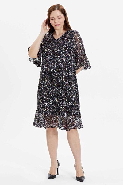 Selen Büyük Beden V Yaka Çıtır Çiçek Desen Elbise / SİYAH