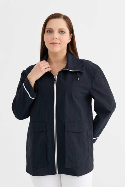 Selen Büyük Beden Dıştan Cep Biyeli Trençkot / LACİVERT