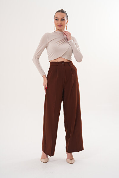 THE WOOW Women's High Waist Fabric Buttoned Pleated Palazzo Brown Trousers