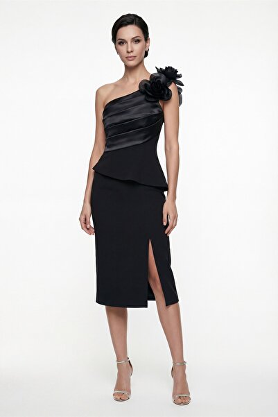 Lafaba Women's Black Floral Detailed Midi Promise Engagement Wedding Evening ...