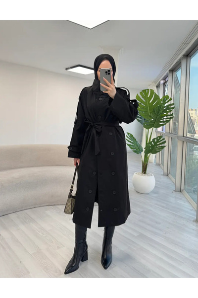 solena sln Trench negru pentru femei, cu nasturi, cu guler înalt