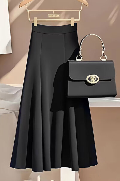 Deafox Fusta lungă neagră, cu talie înaltă, în formă de A, cu fermoar, din țe...