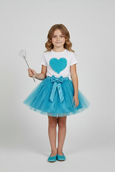 FATELLA Tricou cu inimă turcoaz pentru fetițe, fustă tutu turcoaz, costum de ...