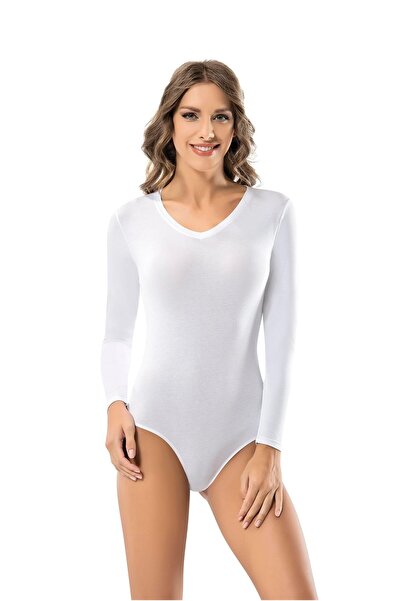 OBJE Women's White Combed Cotton Modal V-Neck Long Sleeve Snap Fastener Bodysuit