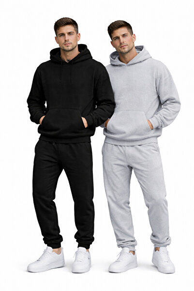NAKRUF Men's Black-Grey 2-Piece Set Hooded Tracksuit Set Winter Kangaroo Pock...