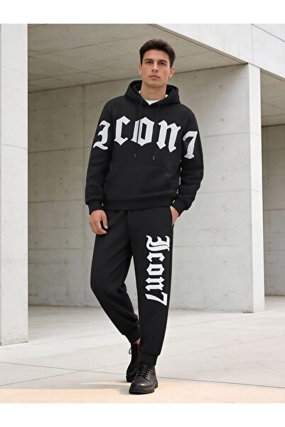 ONE Men’s Black Printed Hoodie & Jogger Set – Oversized Streetwear 2-Piece Tr...