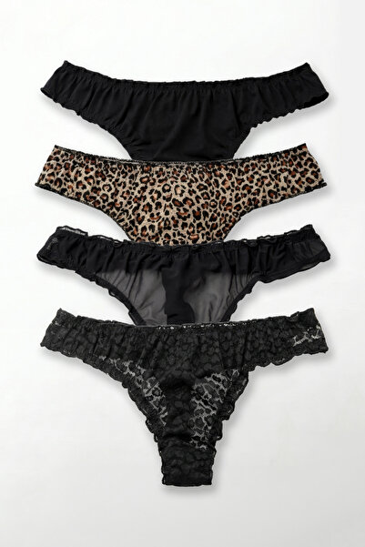 HNX Women's 4-Piece Baby Overlok String Thong Set - Cotton and Lace Leopard P...