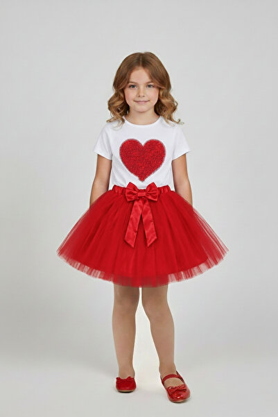 nacar çarşı Kız Çocuk Kırmızı Kalpli Tişört Kırmızı Tütü Etek 23 Nisan 29 Eki...