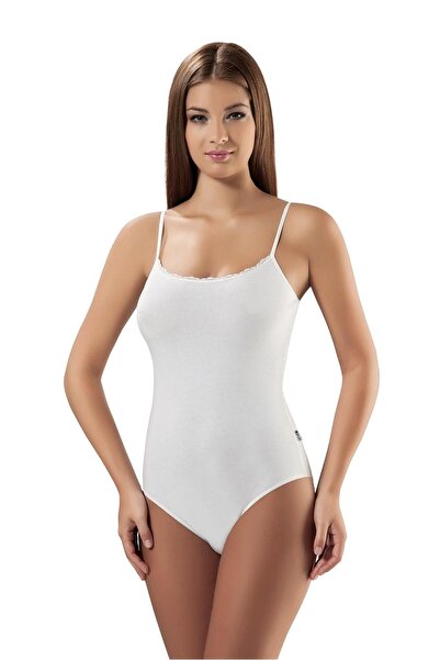 OBJE Women's White Cotton Strap Bodysuit with Snap Fasteners D Lace I