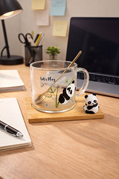 Two Two Premium Panda Design Glass Mug – 220ml with Spoon – Cute Coffee/Tea C...