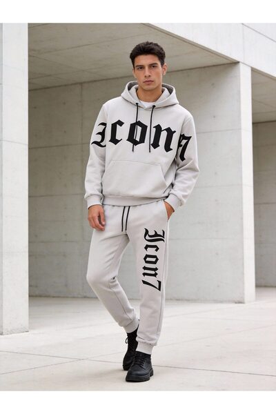 ONE Men’s Gray Printed Hoodie & Jogger Set – Oversized Streetwear 2-Piece Tra...