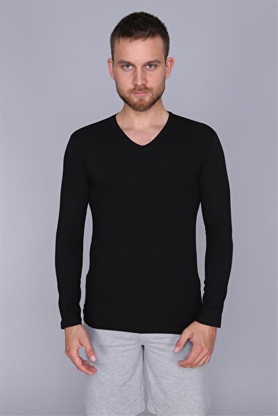OBJE قميص داخلي رجالي أسود من القطن الليكرا برقبة على شكل حرف V وأكمام طويلة