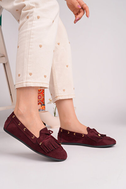 ROSETTE Kadın BORDO Püskül Detaylı Süet Loafer Günlük Babet Ayakkabı