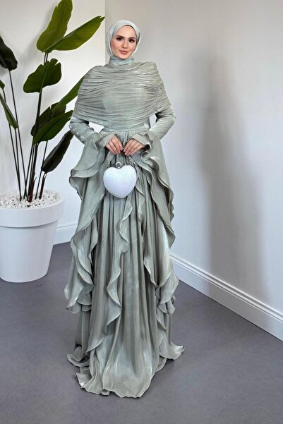 MERVEN AKYÜZ Naruna Pelerinli Fırfırlı Abiye Mint