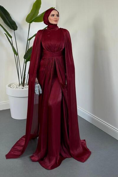 MERVEN AKYÜZ Olivera Pelerinli Janjan Abiye Bordo