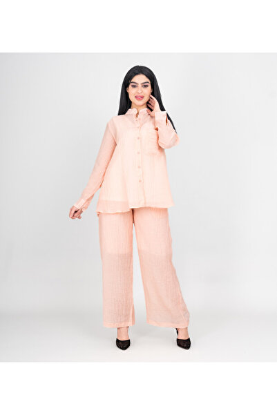 IKKXA طقم عصري من قطعتين، قميص وبنطال بلون موحد، قماش شفاف