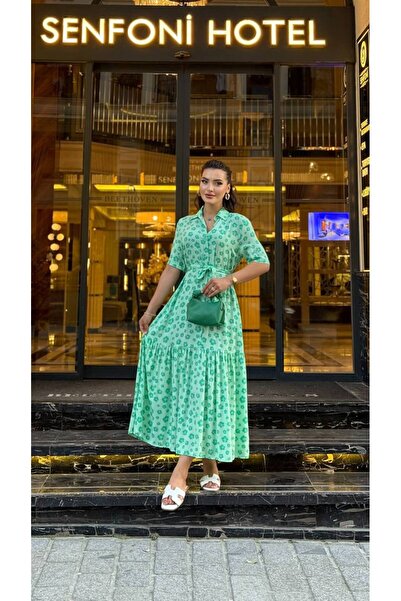 Cannes فستان ليكا صيفي أنيق بأكمام قصيرة ونقشة مميزة باللون الأخضر