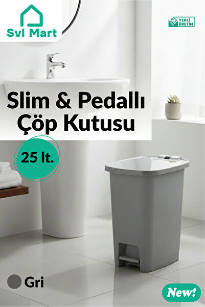 SVL MART 25 Litre Slim & Pedallı Plastik Çöp Kovası Çöp Kutusu İç Kovasız Sistem