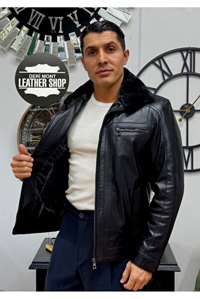 derimont Genuine Lamb Leather Coat with Fur Collar, Black Vintage Leather Coat