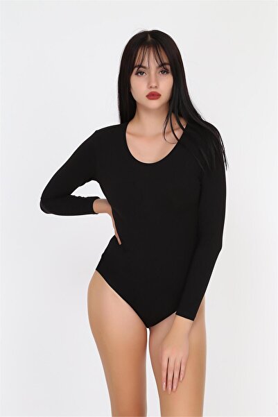 OBJE Kadın Siyah Penye Modal Açık Yaka Uzun Kol Çıtçıtlı Body