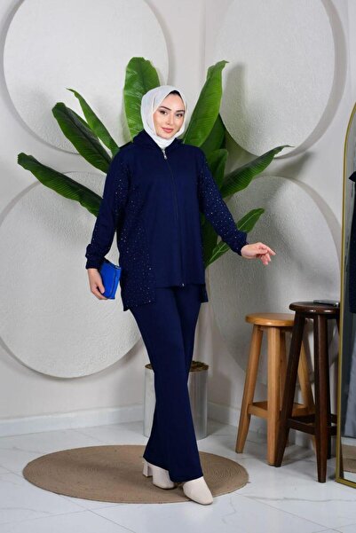 moda periy kadın Taş Detaylı Fermuarlı Kapşonlu Tesettür kombin ikili Takım