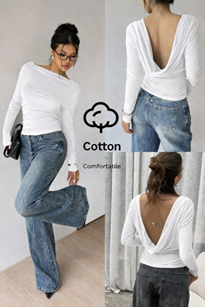 COOL TARZ بلوزة نسائية بيضاء من القطن المرن بأكمام طويلة وظهر مكشوف