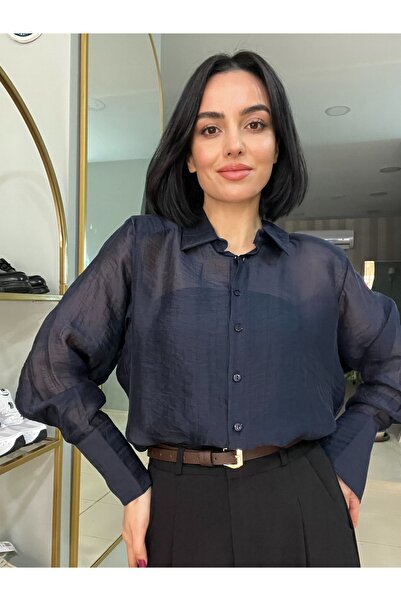 Passion Moda Evi Lacivert Vatkalı Transparan Gömlek